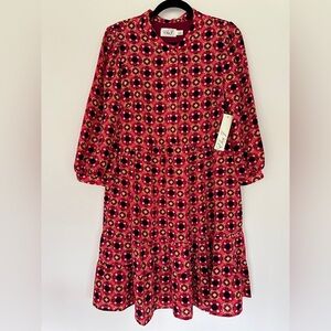 Eliza J Red Black Geometric Print Dress 3/4 Sleeve Crew Neck A-Line NWT